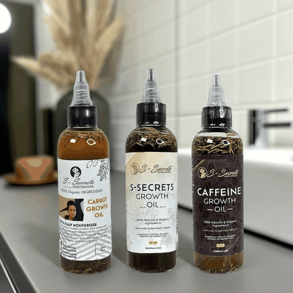 S-Secrets Hair Growth oil Bundle - Ultimate 3 x 4oz Bottles with Biotin, Ayurvedic Herbs, Essential Oils, Saw Palmetto & Scalp Stimulator Oil