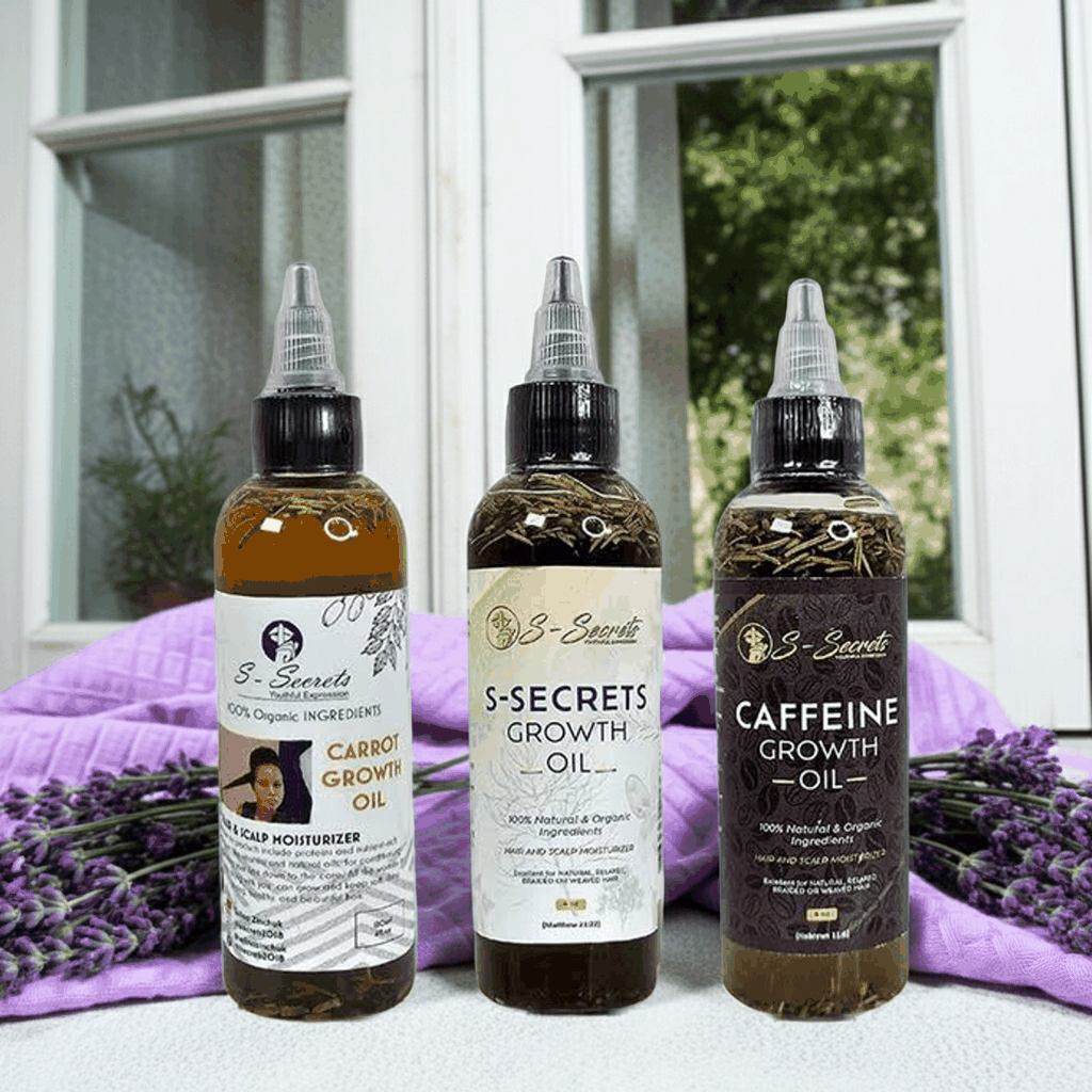 S-Secrets Hair Growth oil Bundle - Ultimate 3 x 4oz Bottles with Biotin, Ayurvedic Herbs, Essential Oils, Saw Palmetto & Scalp Stimulator Oil