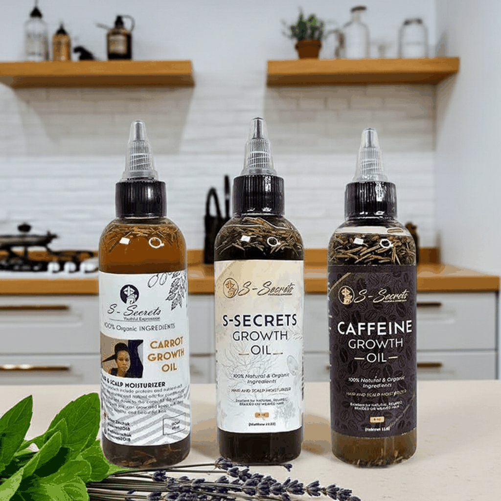 S-Secrets Hair Growth oil Bundle - Ultimate 3 x 4oz Bottles with Biotin, Ayurvedic Herbs, Essential Oils, Saw Palmetto & Scalp Stimulator Oil