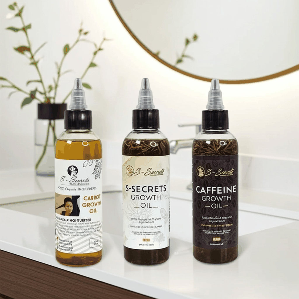 S-Secrets Hair Growth oil Bundle - Ultimate 3 x 4oz Bottles with Biotin, Ayurvedic Herbs, Essential Oils, Saw Palmetto & Scalp Stimulator Oil