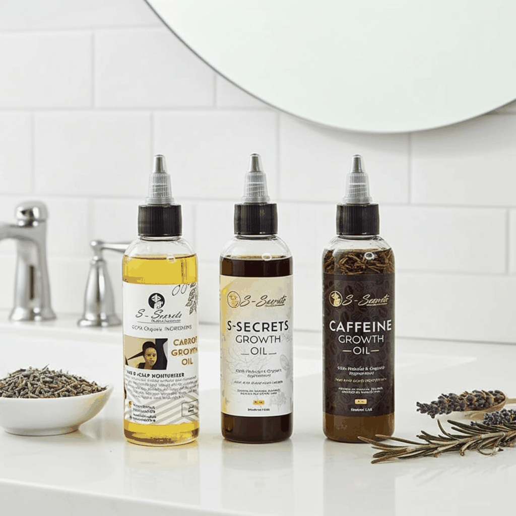 S-Secrets Hair Growth oil Bundle - Ultimate 3 x 4oz Bottles with Biotin, Ayurvedic Herbs, Essential Oils, Saw Palmetto & Scalp Stimulator Oil