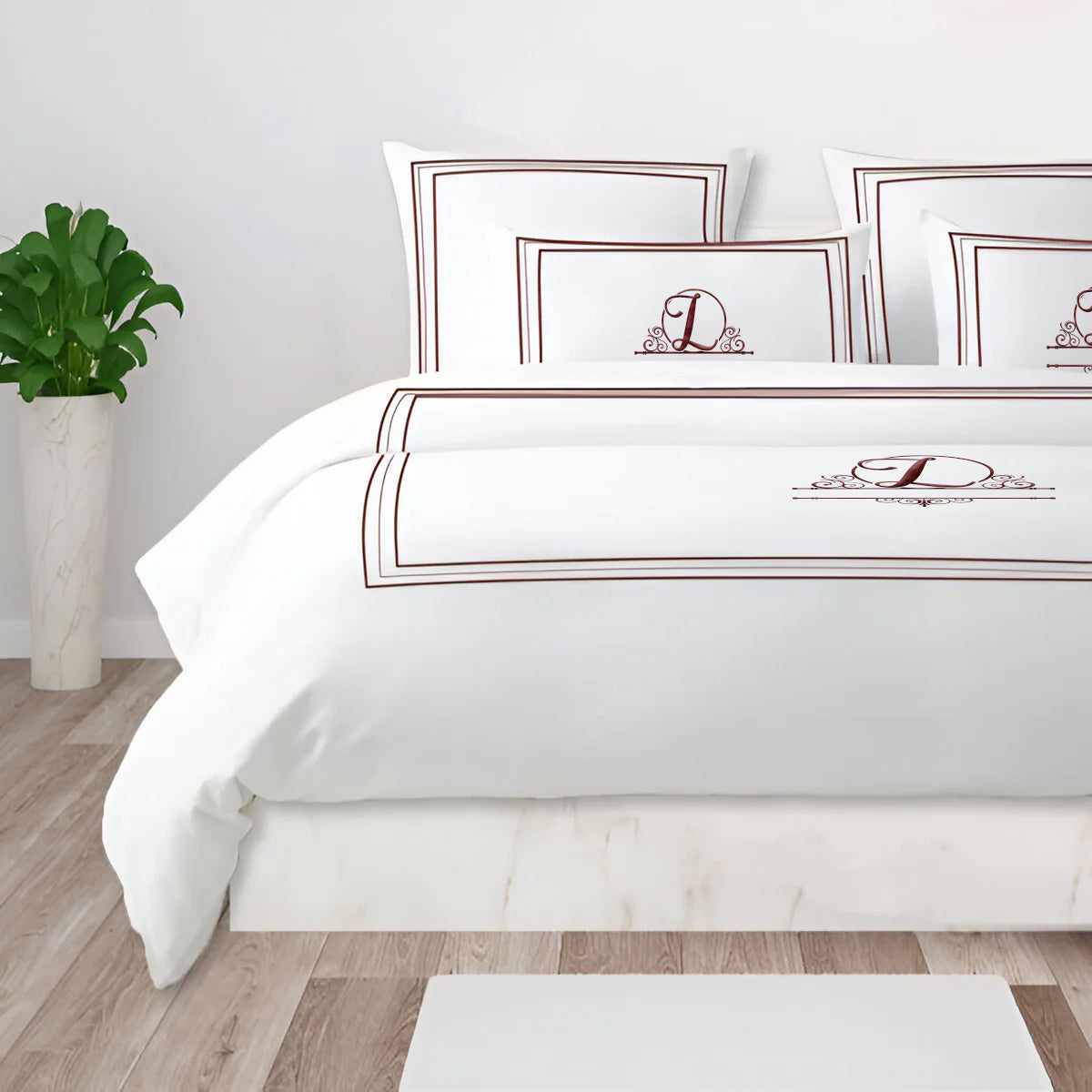 Monogram 400TC Cotton Classic Embroidery Sateen Solid Duvet Cover Set