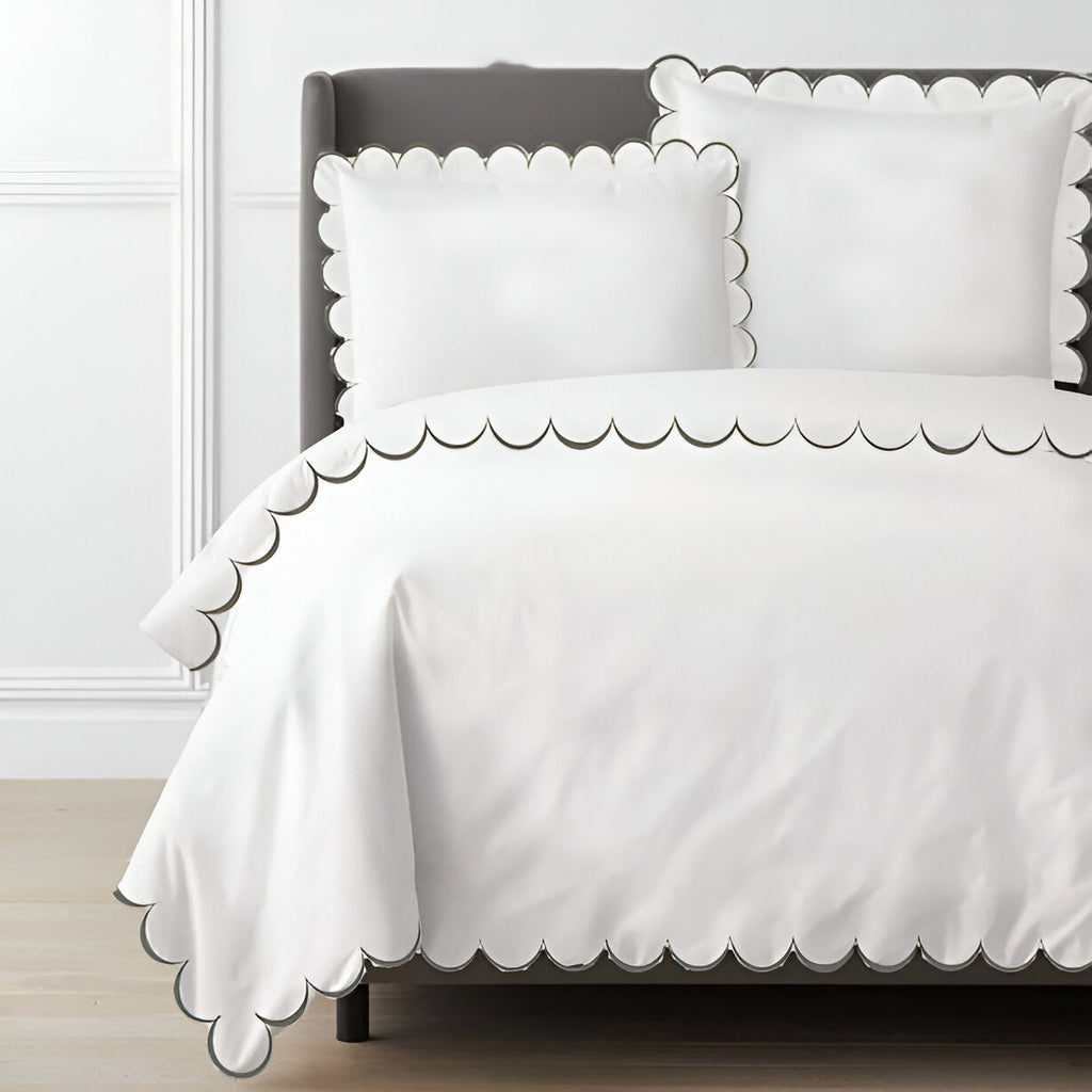 Allena 400TC Cotton Scallop Embroidery Sateen Solid Duvet Cover Set