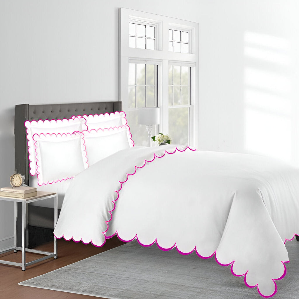 Allena 400TC Cotton Scallop Embroidery Sateen Solid Duvet Cover Set