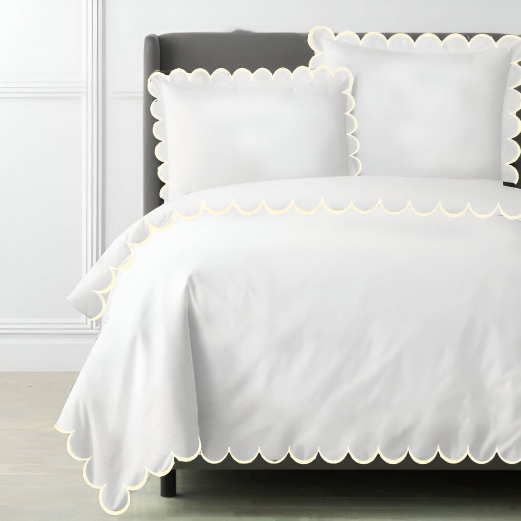 Allena 400TC Cotton Scallop Embroidery Sateen Solid Duvet Cover Set
