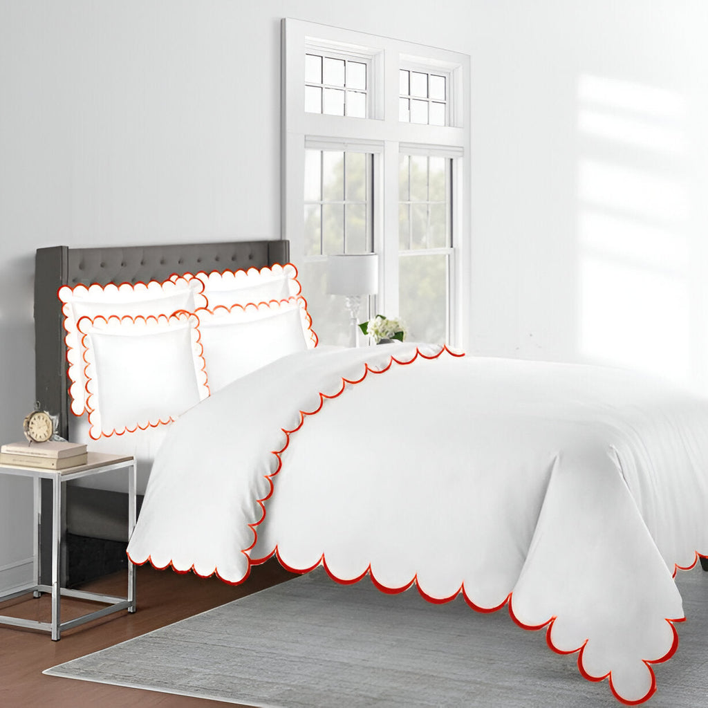 Allena 400TC Cotton Scallop Embroidery Sateen Solid Duvet Cover Set