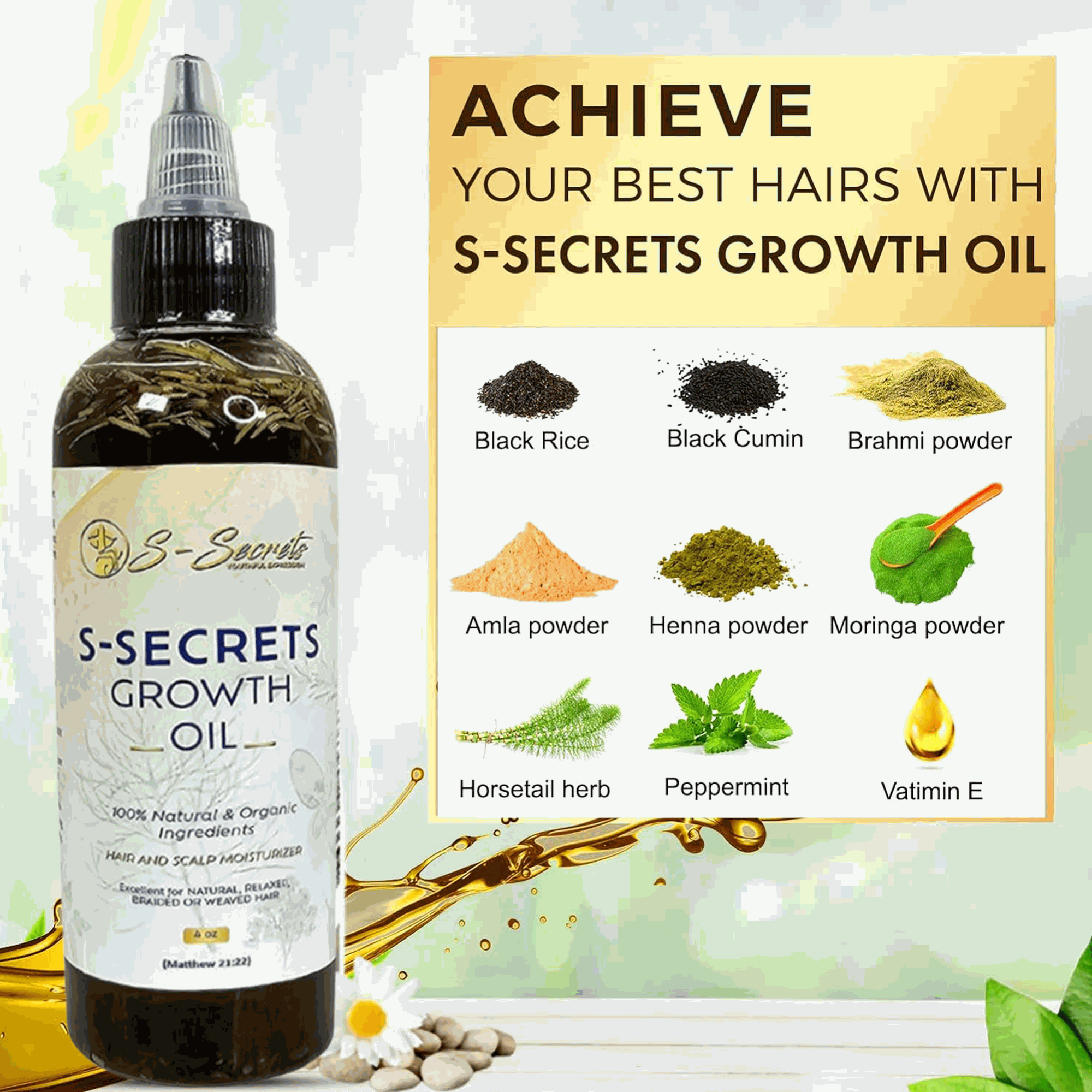 S-Secrets Scalp Stimulator Hair Growth Oil 2oz - Herbal Biotin & Essential Oils for All Hair Types