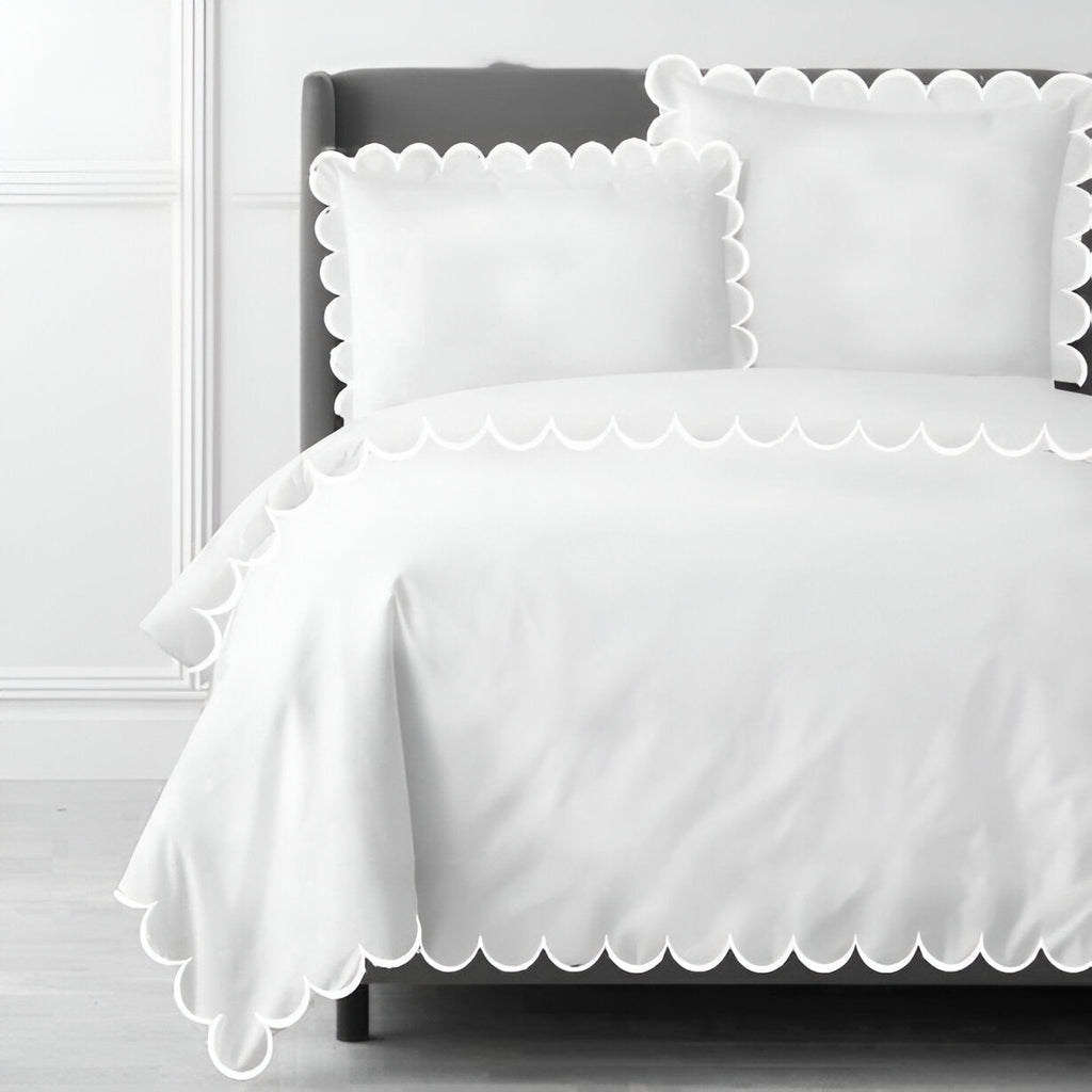 Allena 400TC Cotton Scallop Embroidery Sateen Solid Duvet Cover Set
